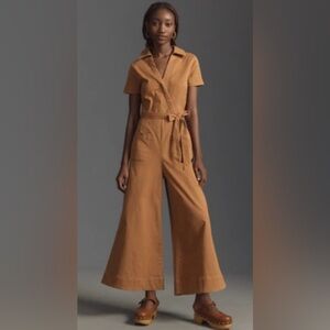 Anthropologie Tan Wide-Leg Short-Sleeve Jumpsuit